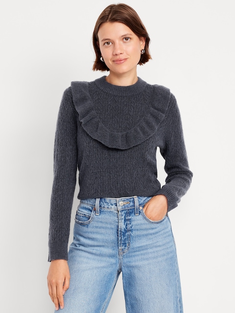 Wool-Blend Cropped Ruffle Sweater - Inkwell
