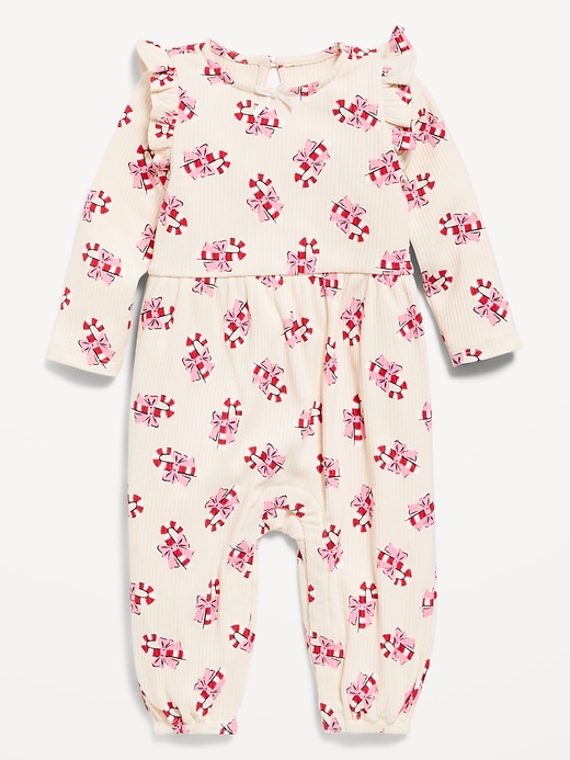 Image number 1 showing, Long-Sleeve Ruffle-Trim Ribbed Jumpsuit for Baby
