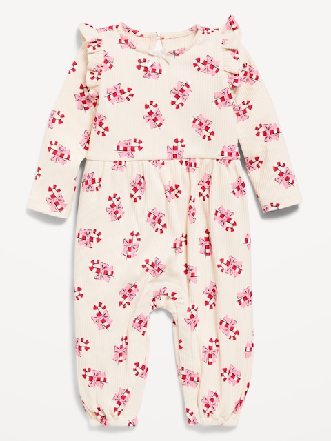 Long-Sleeve Ruffle-Trim Ribbed Jumpsuit for Baby - Candy Cane Print
