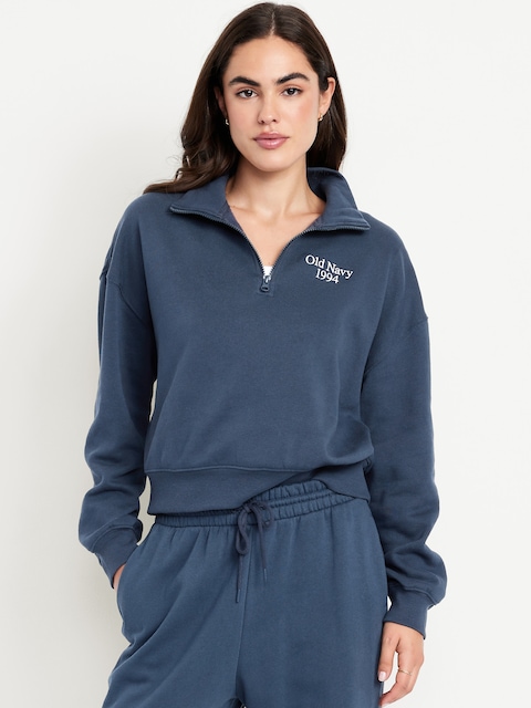 Oversized Logo-Graphic Cropped Half-Zip Pullover - Dusk Navy