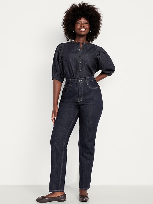 L'image numéro 4 présente Jean coupe droite profilée à taille très haute pour femme