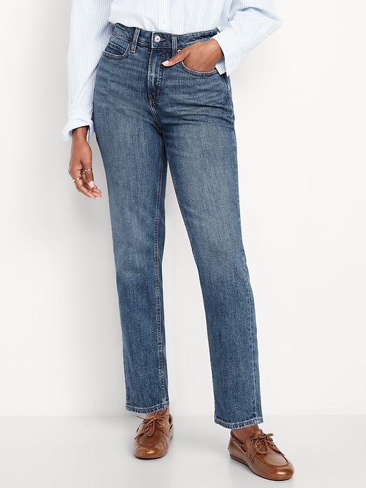 L'image numéro 2 présente Jean coupe droite profilée à taille très haute pour femme