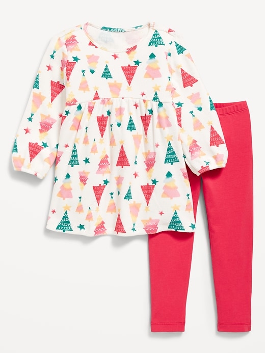 L'image numéro 1 présente Ensemble avec robe à manches longues en tricot gaufré et legging pour Toute-petite fille
