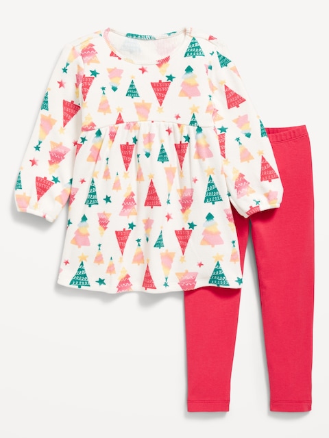 Ensemble avec robe à manches longues en tricot gaufré et legging pour Toute-petite fille - Arbre De Noël
