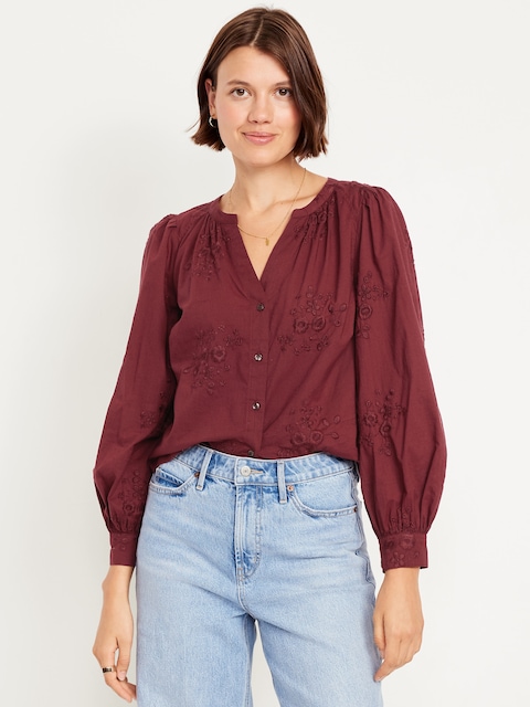 Button-Down Embroidered Top - Clove