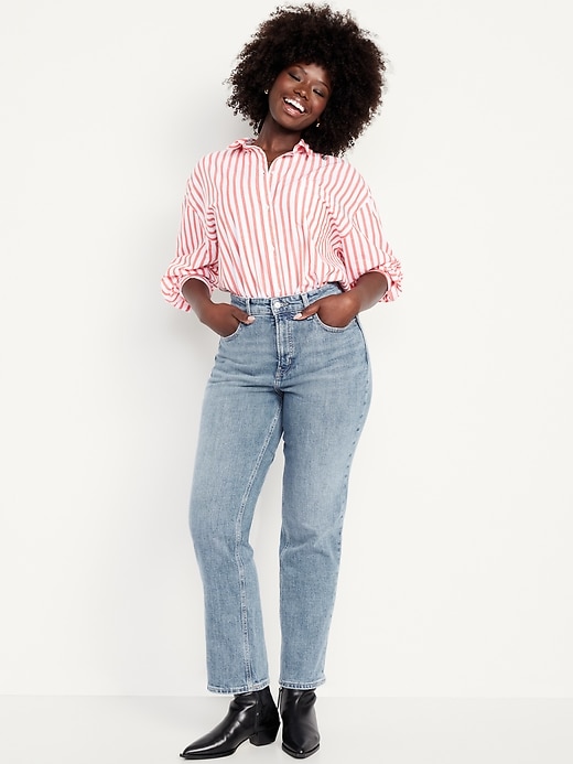 L'image numéro 4 présente Jean coupe droite profilée à taille très haute pour femme