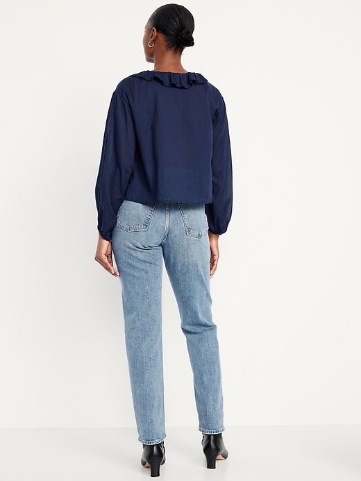 L'image numéro 3 présente Jean coupe droite profilée à taille très haute pour femme