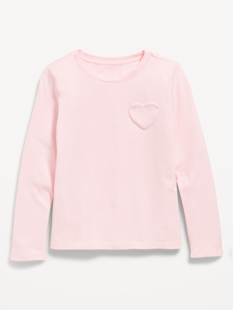 T-shirt ultra-doux à poche en cœur et à manches longues pour Fille - Rose Pêche