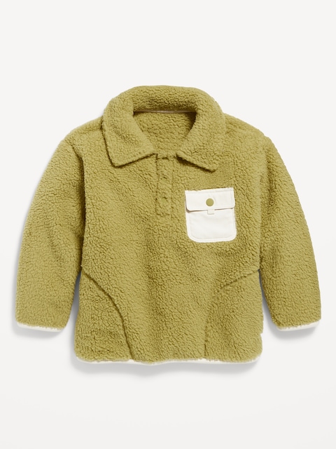 Oversized Sherpa Collared Henley Pullover for Toddler Boys - Olive Tapenade