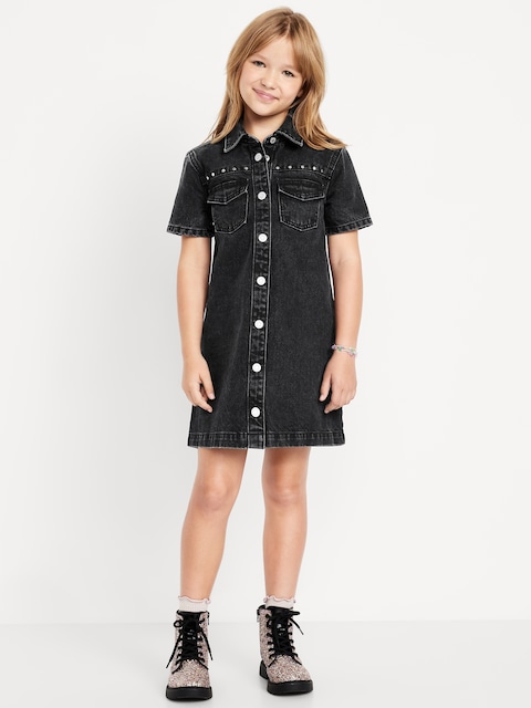 Studded Pocket Jean Shirt Dress for Girls - Black Wash