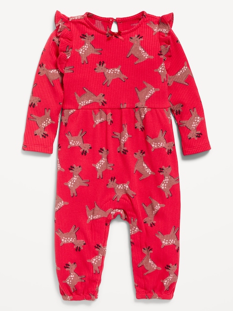 Long-Sleeve Ruffle-Trim Ribbed Jumpsuit for Baby - Red Reindeer