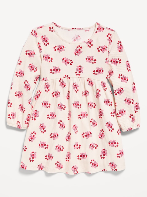 Robe côtelée à motif à manches longues pour toute-petite fille
