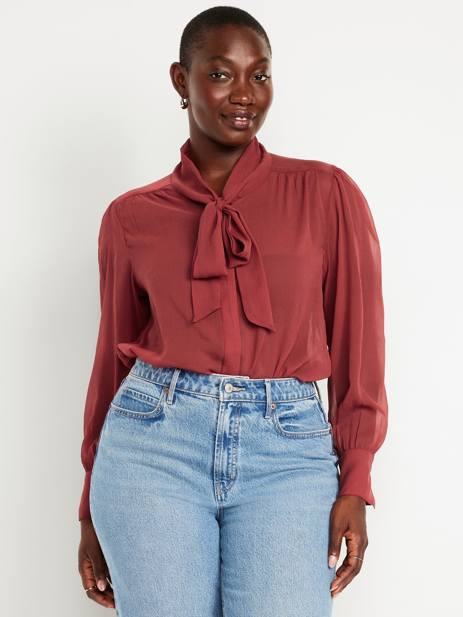 Long-Sleeve Tie-Neck Chiffon Top | Old Navy