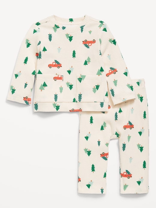 L'image numéro 2 présente Ensemble de t-shirt à poche côtelé à motif et pantalon pour bébé