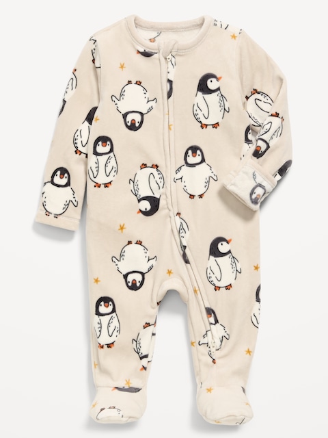 Une-pièce Nuit ou jeu en velours à pieds et à glissière bidirectionnelle pour bébé - Pingouins