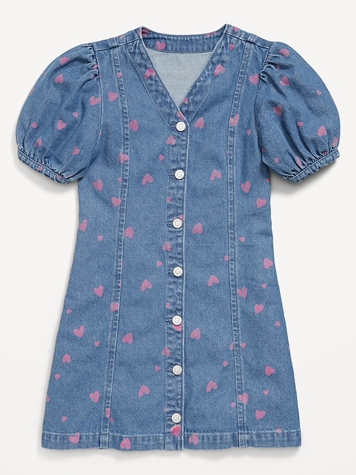 L'image numéro 3 présente Robe ajustée et évasée à manches courtes en denim à motif pour toute-petite fille