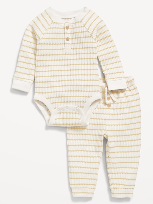 Image number 1 showing, Long-Sleeve Thermal-Knit Henley Bodysuit and Pants Set for Baby