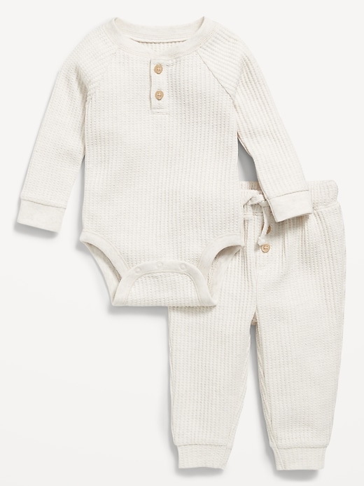 Image number 1 showing, Long-Sleeve Thermal-Knit Henley Bodysuit and Pants Set for Baby