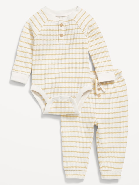 Long-Sleeve Thermal-Knit Henley Bodysuit and Pants Set for Baby