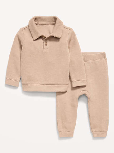 Long-Sleeve Collared Ribbed Top and Pants Set for Baby - Classic Camel