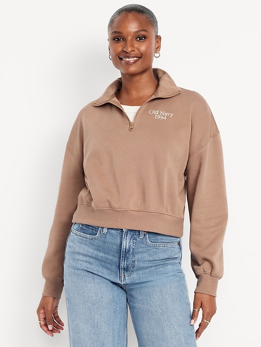 Image number 1 showing, Oversized Logo-Graphic Cropped Half-Zip Pullover