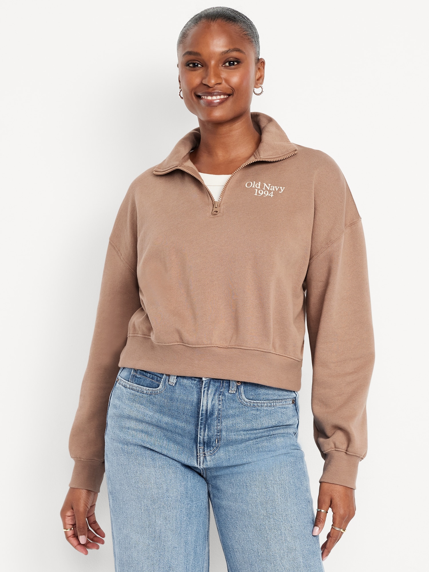 Oversized Logo-Graphic Cropped Half-Zip Pullover