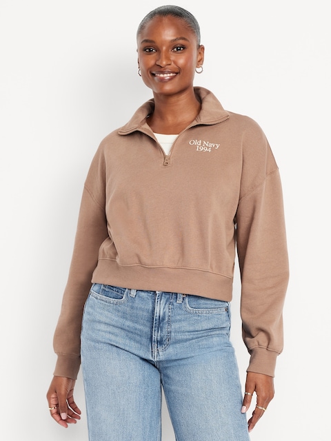 Oversized Logo-Graphic Cropped Half-Zip Pullover - Driftwood
