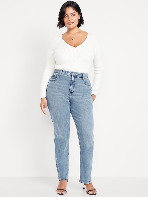 L'image numéro 6 présente Jean coupe droite profilée à taille très haute pour femme