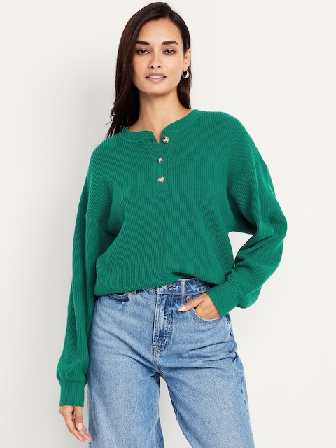 Oversized Cozy Waffle Henley Top - Botanica