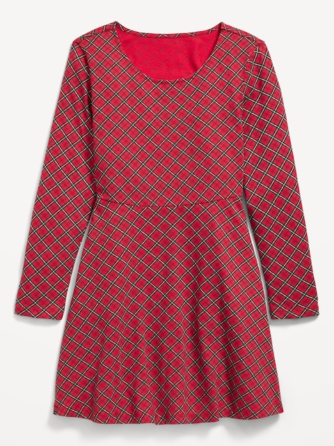 Printed Long-Sleeve Fit and Flare Dress for Girls - Red Plaid