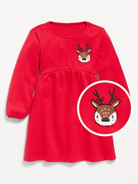 Long-Sleeve Waffle-Knit Dress for Toddler Girls - Roma Red