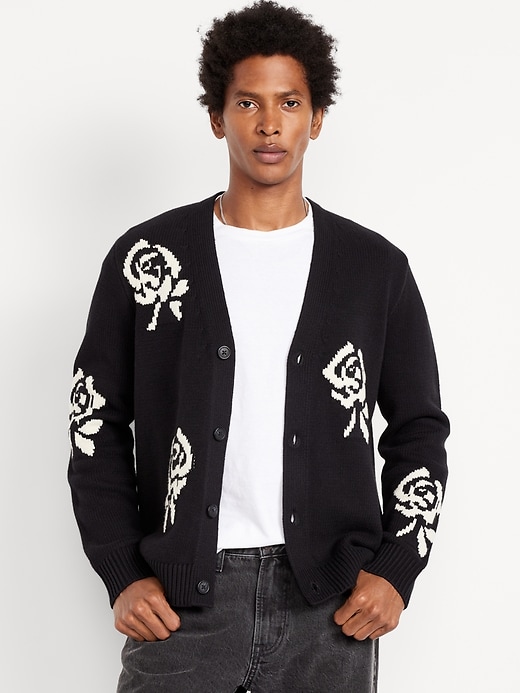 Image number 1 showing, Rose Print V-Neck Cardigan Sweater