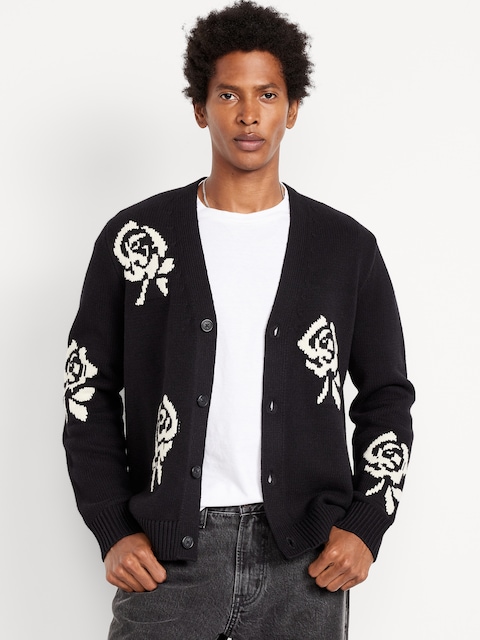 Rose Print V-Neck Cardigan Sweater - Black/White Rose