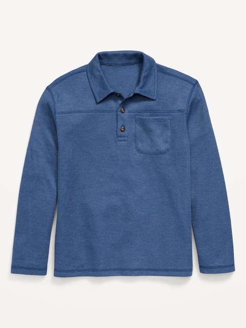 Long-Sleeve French Rib-Knit Pocket Polo Shirt for Boys - Pacific Blue