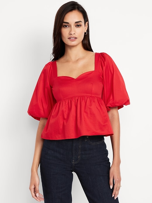 Image number 1 showing, Puff-Sleeve Poplin Peplum Top