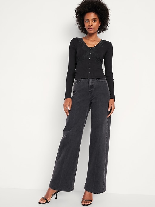 Image number 3 showing, Lace-Trim V-Neck Ribbed Top