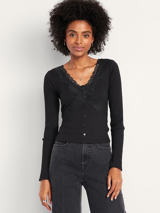 Image number 1 showing, Lace-Trim V-Neck Ribbed Top