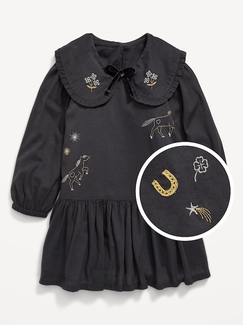 Robe brodée à col à manches longues pour toute-petite fille