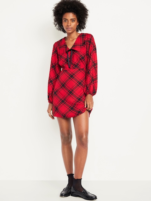 Fit & Flare Long-Sleeve Crepe Mini Dress - Red Plaid