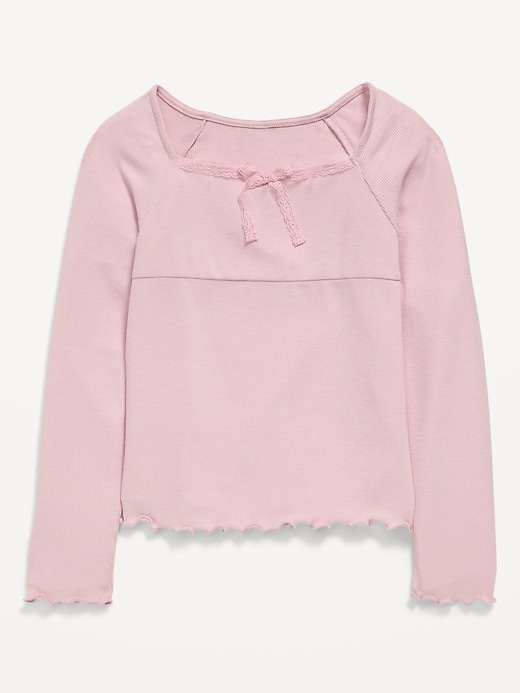 L'image numéro 2 présente T-shirt ajusté côtelé à manches longues et à boucle en dentelle pour fille