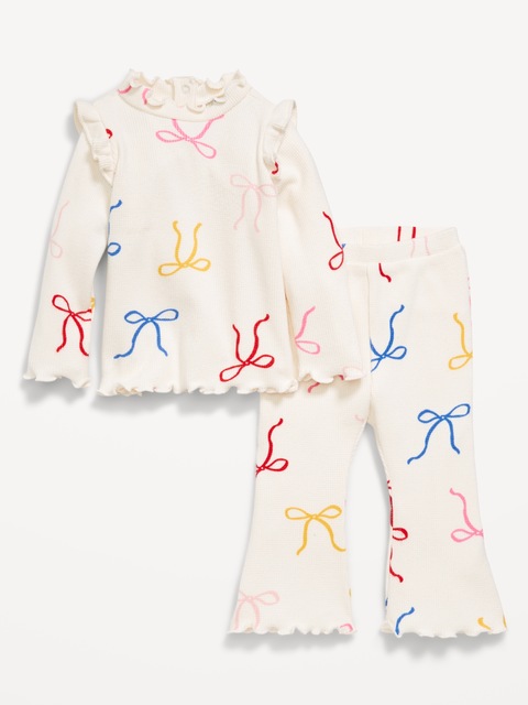 Ensemble haut à motif et pantalon en tricot côtelé douillet à bordure ondulée pour bébé