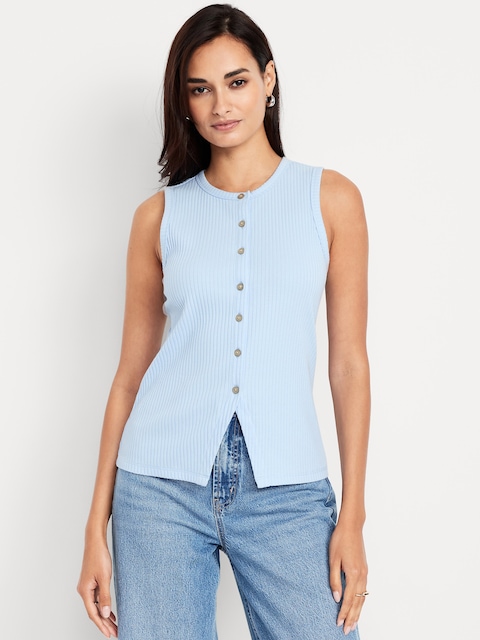 Sleeveless Button-Down Ribbed Top - Cashmere Blue