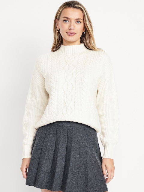 SoSoft Cropped Mock-Neck Cable Sweater - Chalk Heather
