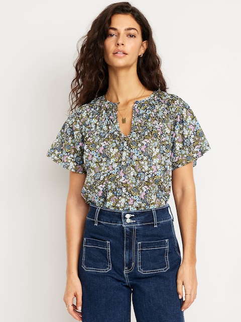 Shirred Flutter-Sleeve Top
