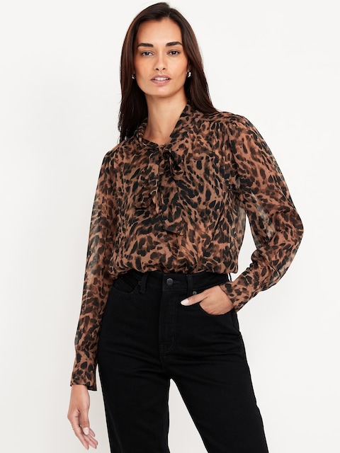 Haut en mousseline à manches longues et encolure nouée - Motif Animalier