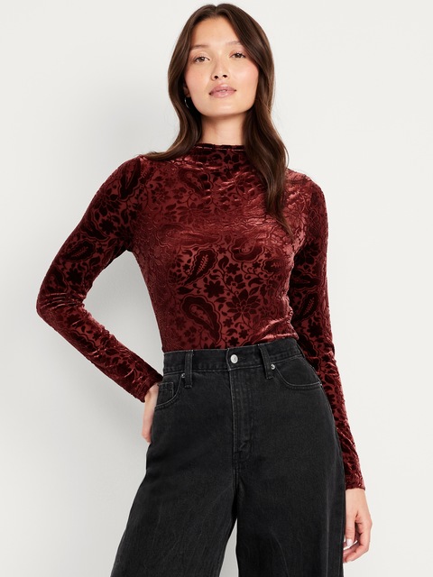 Mock-Neck Long-Sleeve Velvet Top - Clove