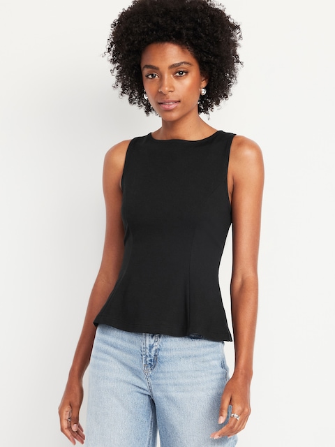 Ponte-Knit Sleeveless Peplum Top - Black Jack