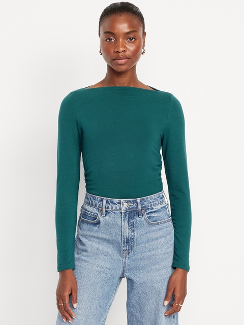 Long-Sleeve Slit-Neck Ruched Top