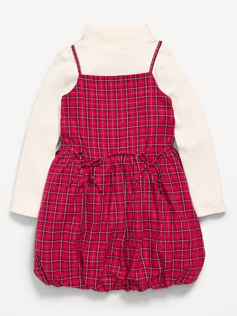 Mock-Neck Top and Plaid Bubble Dress Set for Toddler Girls - Red Plaid