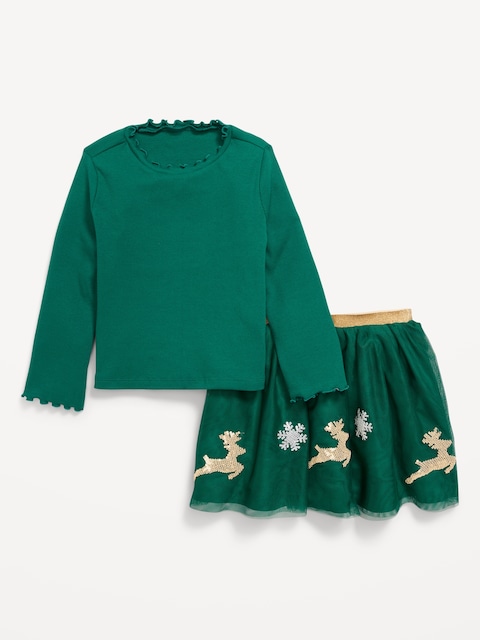 Long-Sleeve T-Shirt and Tutu Skirt Set for Toddler Girls - Green Reindeer